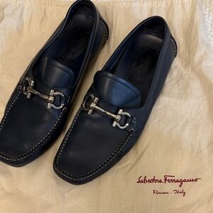 Salvatore Ferragamo Men's Navy Loafers with Silver Accents